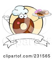 Poster, Art Print Of Donut Character Wearing A Chef Hat And Serving Donuts Over A Blank Banner And Yellow Circle