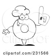 Royalty Free RF Clipart Illustration Of A Coloring Page Outline Of A Donut Character Wearing A Chef Hat And Wearing A Number One Glove