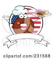Royalty Free RF Clip Art Illustration Of A Donut Character Wearing A Chef Hat And Serving Donuts Over A Blank Banner And American Circle