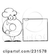 Poster, Art Print Of Coloring Page Outline Of A Donut Character Wearing A Chef Hat And Standing By A Blank Sign