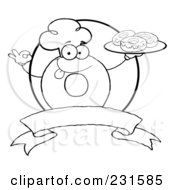 Poster, Art Print Of Royalty-Free Rf Clipart Illustration Of An Outline Of A Donut Character Wearing A Chef Hat And Serving Donuts Over A Blank Banner And Circle