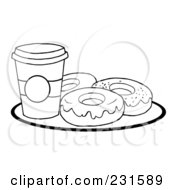 Poster, Art Print Of Coloring Page Outline Of A Cup Of Coffee On A Plate With Donuts