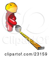 Red Man Contractor Wearing A Hardhat Kneeling And Measuring