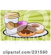 Poster, Art Print Of Cup Of Coffee On A Plate With Donuts Over Green Rays