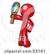 Poster, Art Print Of Red Man Holding Up A Magnifying Glass And Peering Through It While Investigating Or Researching Something
