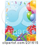 Poster, Art Print Of Party Border Of Presents Ribbons And Balloons Over Blue