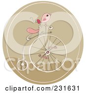Pink Bird On A Retro Penny Farthing Bicycle In A Brown Circle
