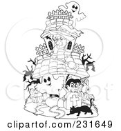 Poster, Art Print Of Coloring Page Outline Of A Witch Ghosts And Vampire At A Haunted House