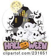 Haunted Mansion With Three Ghosts And Halloween Text - 1