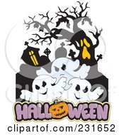 Haunted Mansion With Three Ghosts And Halloween Text - 2