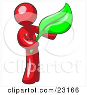 Poster, Art Print Of Red Man Holding A Green Leaf Symbolizing Gardening Landscaping Or Organic Products
