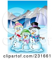 Poster, Art Print Of Happy Snowman Family In A Mountainous Landscape