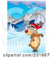 Poster, Art Print Of Dancing Red Nosed Reindeer In A Mountainous Landscape