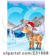 Poster, Art Print Of Happy Red Nosed Reindeer In A Mountainous Landscape