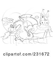 Royalty Free RF Clipart Illustration Of A Coloring Page Outline Of A Dragon By A Castle 3