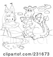 Royalty Free RF Clipart Illustration Of A Coloring Page Outline Of A Dragon By A Castle 2