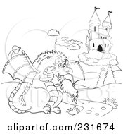 Royalty Free RF Clipart Illustration Of A Coloring Page Outline Of A Dragon By A Castle 1