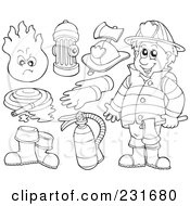 Royalty Free RF Clipart Illustration Of A Digital Collage Of Outlined Fireman Stuff