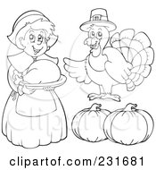 Royalty Free RF Clipart Illustration Of A Digital Collage Of An Outlined Female Pilgrim Turkey And Pumpkins by visekart