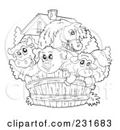 Coloring Page Outline Of A Cow Horse Pig And Sheep Looking Over A Fence by visekart