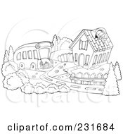 Poster, Art Print Of Coloring Page Outline Of A School Bus Pulling Up To A School House