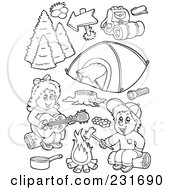 Digital Collage Of Coloring Page Outlines Of Camping Kids And Items