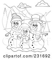 Royalty Free RF Clipart Illustration Of A Coloring Page Outline Of A Snowman Family In A Mountainous Landscape