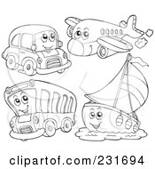 Poster, Art Print Of Digital Collage Of An Outlined Car Plane Bus And Boat