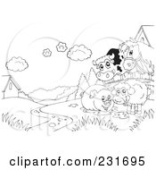 Royalty Free RF Clipart Illustration Of A Coloring Page Outline Of A Cow Horse Pig And Sheep On Farmland