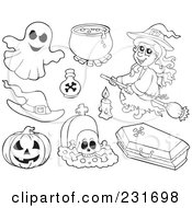 Royalty Free RF Clipart Illustration Of A Digital Collage Of Outlined Halloween Items by visekart