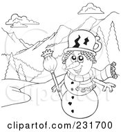 Royalty Free RF Clipart Illustration Of A Coloring Page Outline Of A Snowman In A Mountainous Landscape