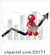 Red Man Using A Laptop Computer Riding The Increasing Arrow Line On A Business Chart Graph