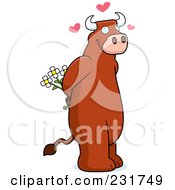 Royalty Free RF Clipart Illustration Of A Sweet Bull Holding Flowers Behind His Back