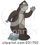 Poster, Art Print Of Friendly Ape Waving And Sitting On A Boulder