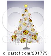 Royalty Free RF Clipart Illustration Of A White Christmas Tree Adorned In Yellow And Red Poinsettias