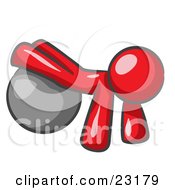 Clipart Illustration Of A Red Man Strength Training His Arms And Legs While Using A Yoga Exercise Ball