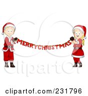 Christmas Boy And Girl Holding A Merry Christmas Banner