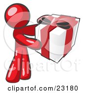 Thoughtful Red Man Holding A Christmas Birthday Valentines Day Or Anniversary Gift Wrapped In White Paper With Red Ribbon And A Bow