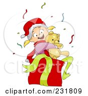 Poster, Art Print Of Happy Christmas Girl Hugging A Teddy Bear In A Gift Box