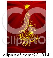 Poster, Art Print Of Golden Floral Christmas Tree With A Shining Star On Red