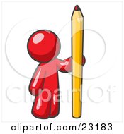 Poster, Art Print Of Red Man Holding Up And Standing Beside A Giant Yellow Number Two Pencil