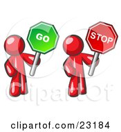 Poster, Art Print Of Red Men Holding Red And Green Stop And Go Signs