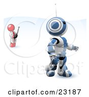 Red Man Inventor Operating An Blue Robot With A Remote Control