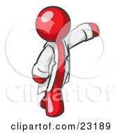 Red Scientist Veterinarian Or Doctor Man Waving And Wearing A White Lab Coat by Leo Blanchette