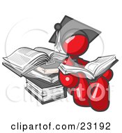 Red Male Student In A Graduation Cap Reading A Book And Leaning Against A Stack Of Books