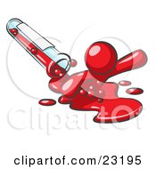 Poster, Art Print Of Red Man Emerging From Spilled Chemicals Pouring Out Of A Glass Test Tube In A Laboratory