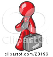 Clipart Illustration Of A Red Male Tourist Carrying His Suitcase And Walking With A Camera Around His Neck