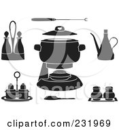 Royalty Free RF Clip Art Illustration Of A Digital Collage Of Black And White Fondue Items