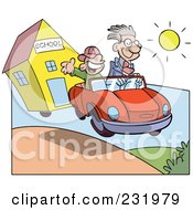 Poster, Art Print Of Happy Boy In A Car With His Dad Driving Away From School