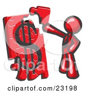 Clipart Illustration Of A Red Businessman Putting A Dollar Sign Puzzle Together